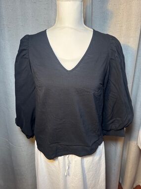 Black V-Neck Puff Sleeve Women's Top M